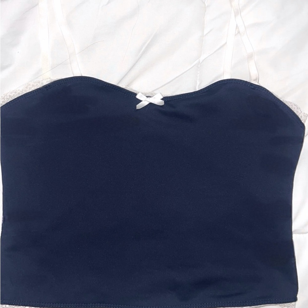Navy Blue Camisole Top with White Lace Trim